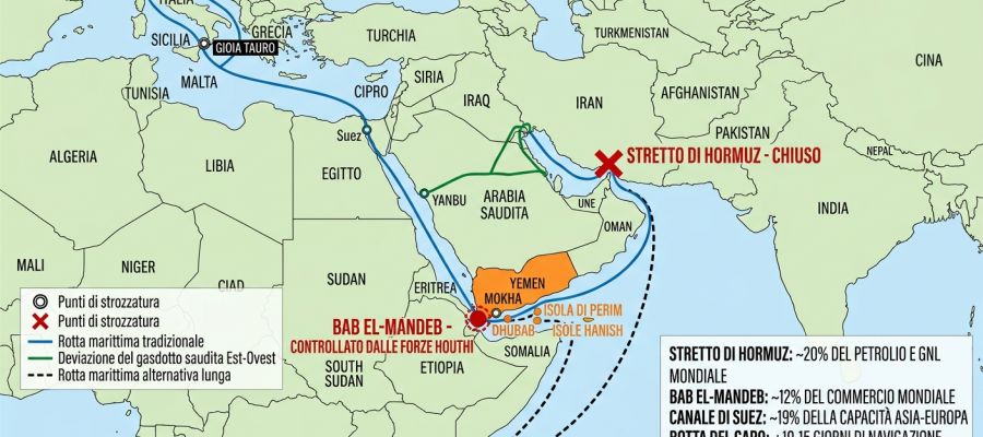 Hormuz chiuso e Bab el-Mandeb agli Houthi, il mare cambia rotta